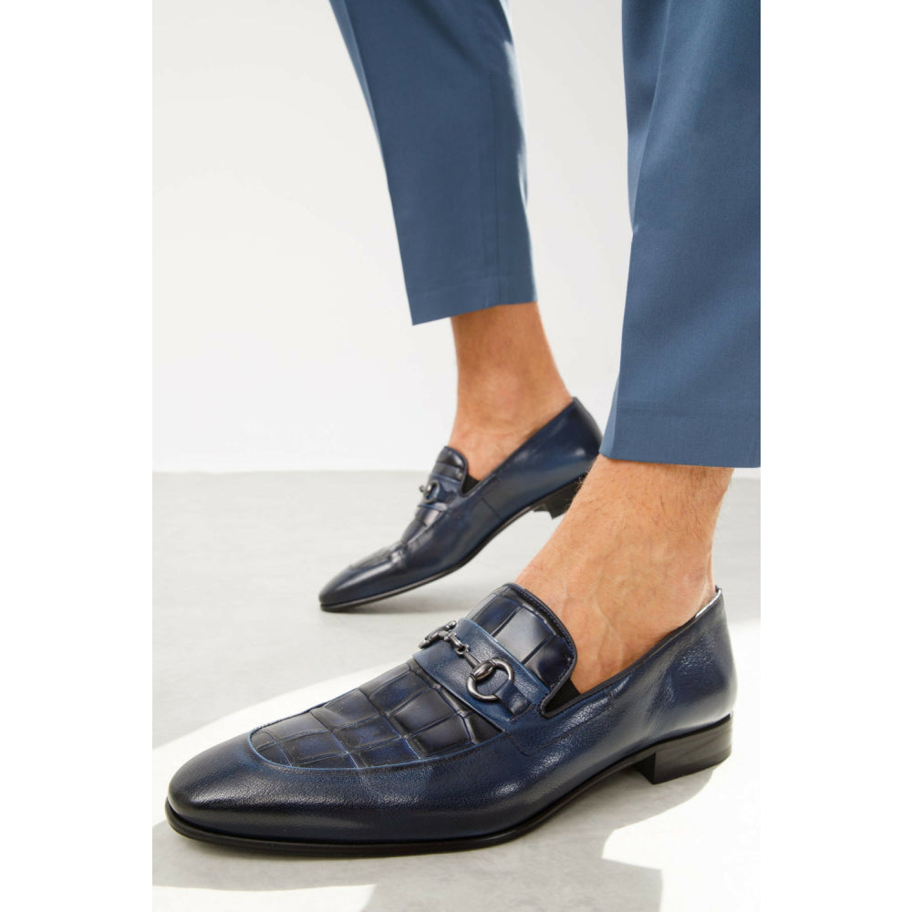 Vinci Leather The Pusan Navy Blue Leather Bit Loafer Shoe (10721)