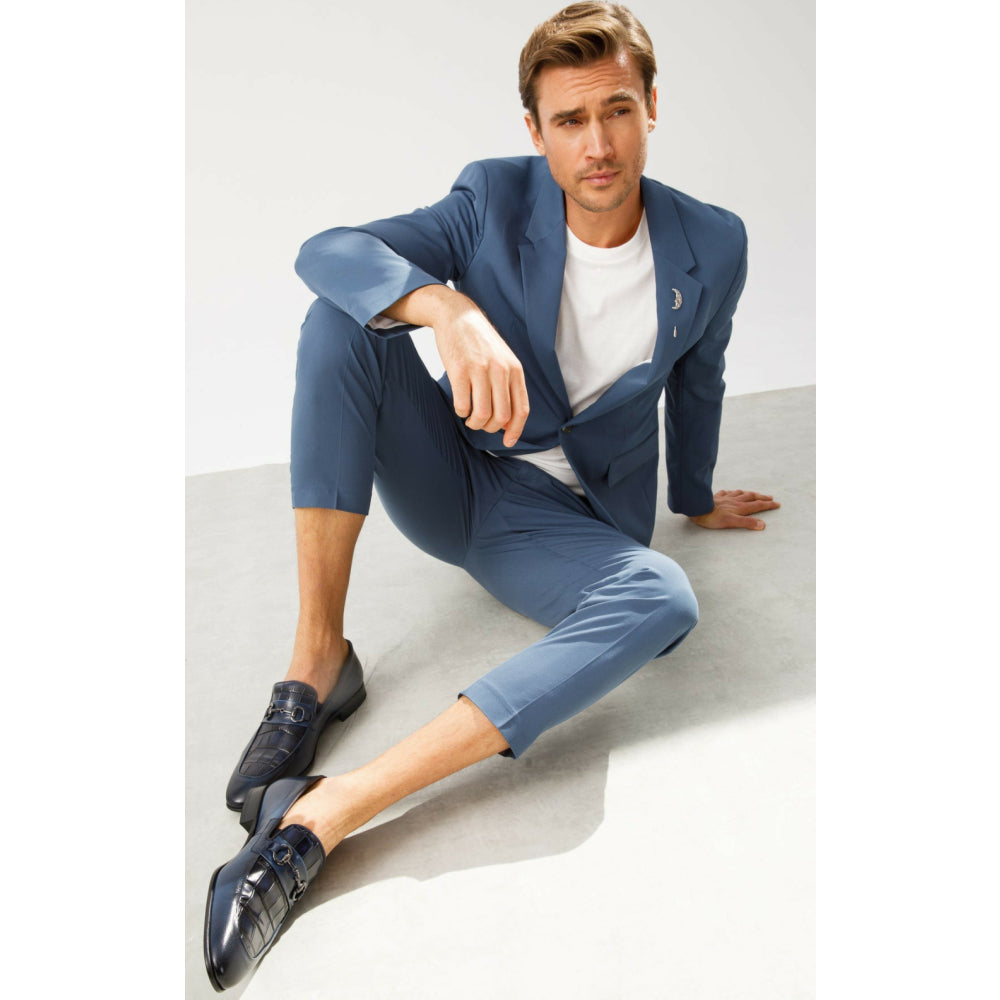 Vinci Leather The Pusan Navy Blue Leather Bit Loafer Shoe (10721)