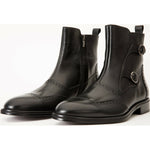 Vinci Leather The Rand Black Leather Double Buckle Brogue Boot With A Zipper (14560 S-2)