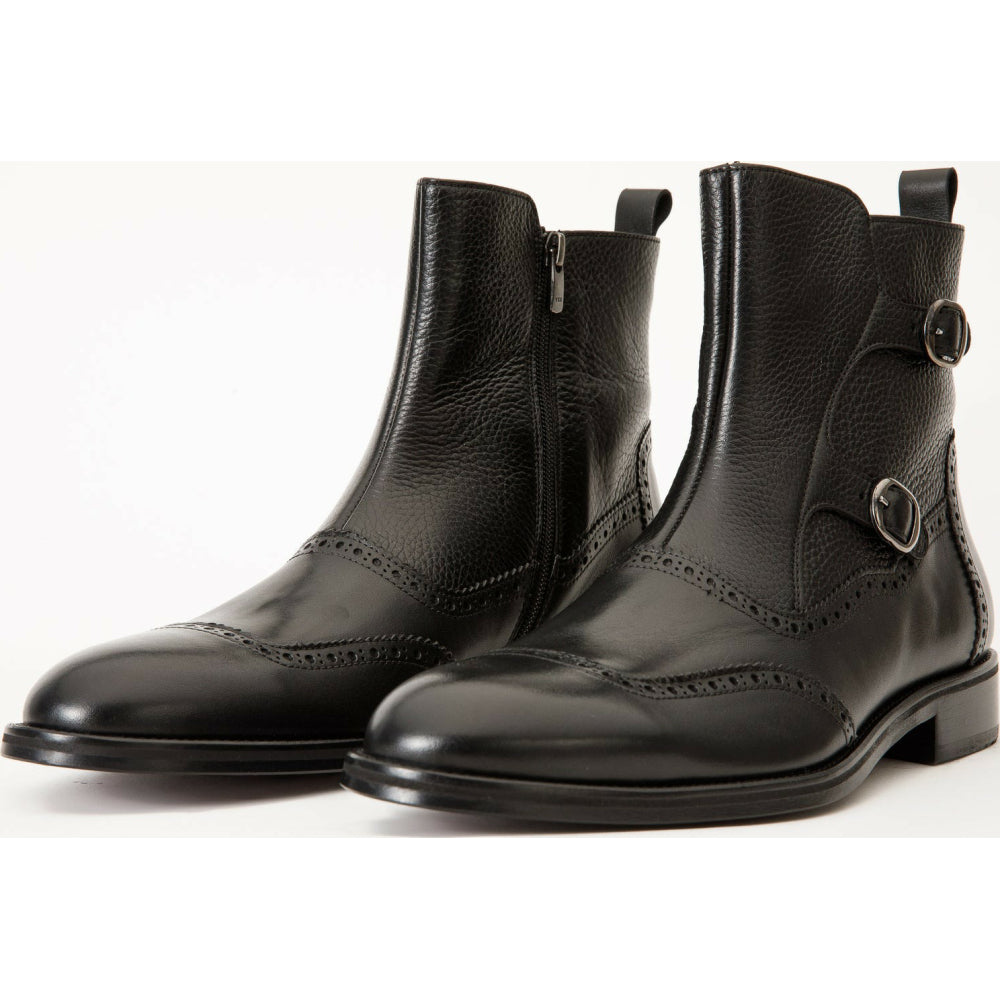 Vinci Leather The Rand Black Leather Double Buckle Brogue Boot With A Zipper (14560 S-2)