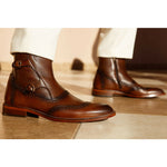 Vinci Leather The Rand Brown Leather Double Buckle Brogue Boot With A Zipper (14560 T-2)