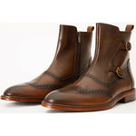 Vinci Leather The Rand Brown Leather Double Buckle Brogue Boot With A Zipper (14560 T-2)