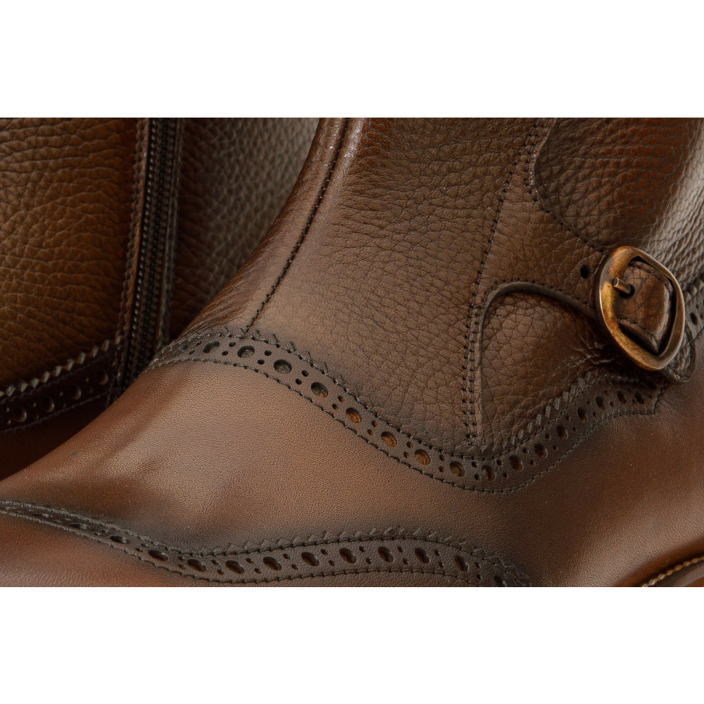 Vinci Leather The Rand Brown Leather Double Buckle Brogue Boot With A Zipper (14560 T-2)