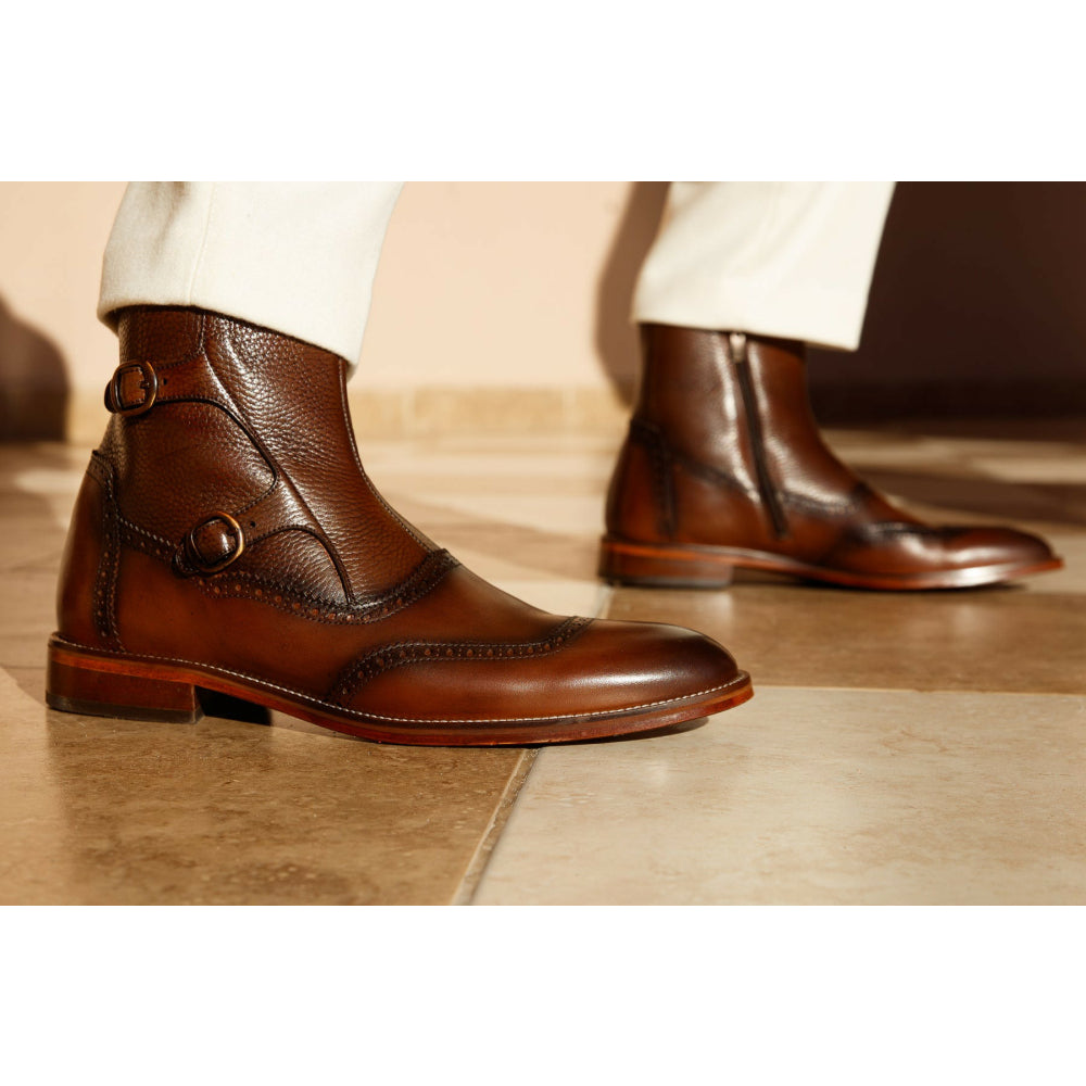 Vinci Leather The Rand Brown Leather Double Buckle Brogue Boot With A Zipper (14560 T-2)
