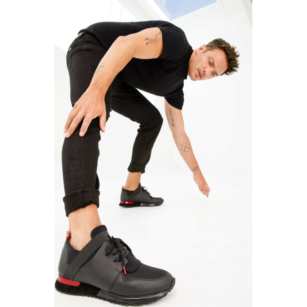 Vinci Leather The Reno Black / Red Leather Sneaker (D-530)