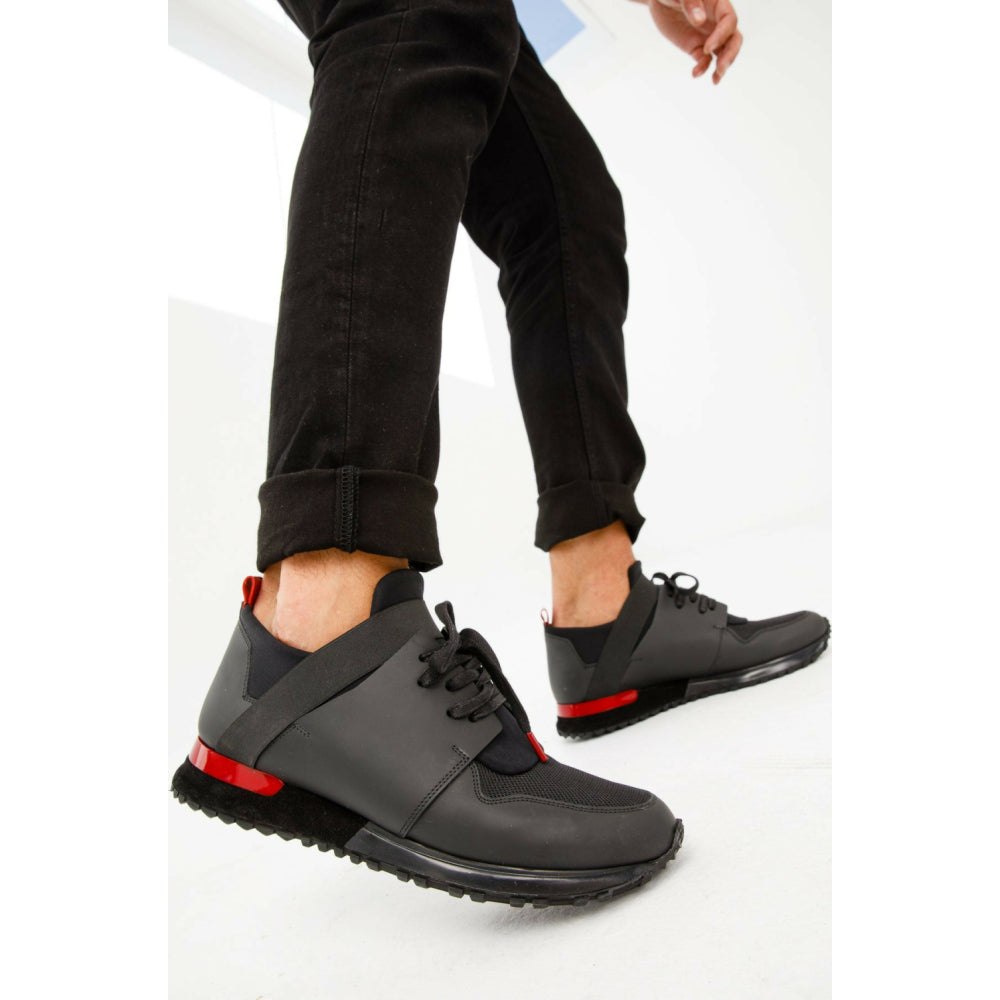 Vinci Leather The Reno Black / Red Leather Sneaker (D-530)