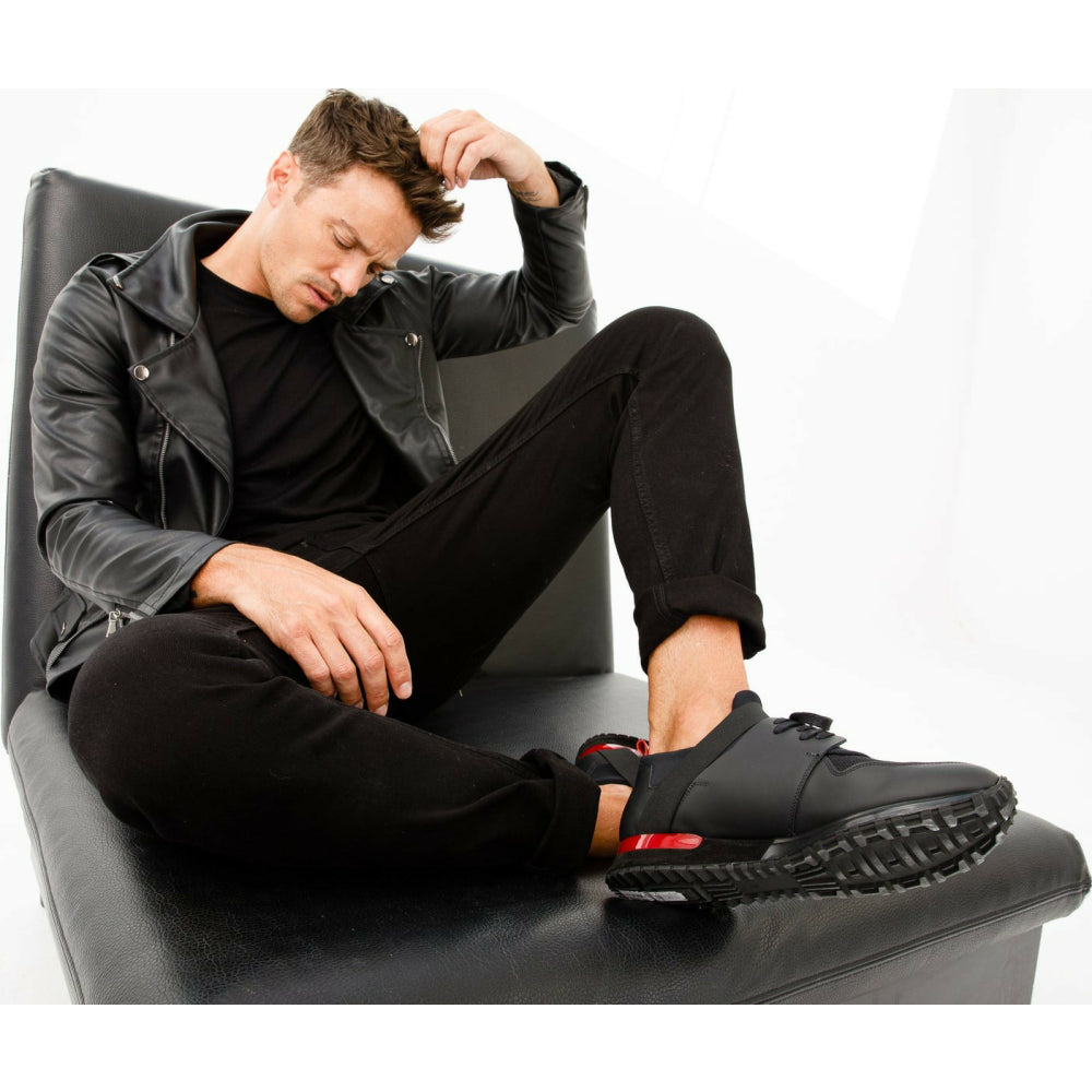 Vinci Leather The Reno Black / Red Leather Sneaker (D-530)