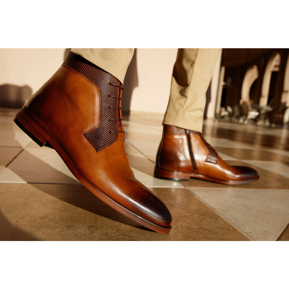 Vinci Leather The Romto Brown Leather Derby Lace-up Boot With A Zipper (X-558)