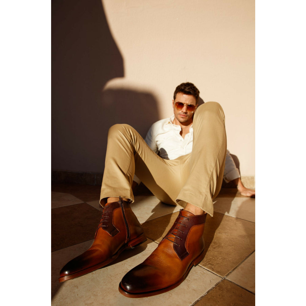 Vinci Leather The Romto Brown Leather Derby Lace-up Boot With A Zipper (X-558)