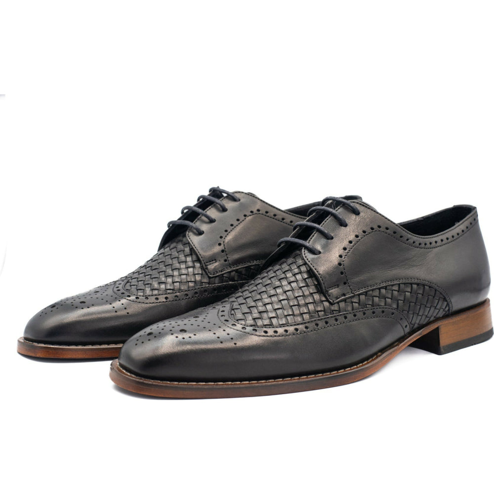 Vinci Leather The Rover Black Leather Wingtip Semi Brogue Shoe (16016)