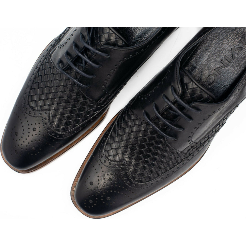 Vinci Leather The Rover Black Leather Wingtip Semi Brogue Shoe (16016)