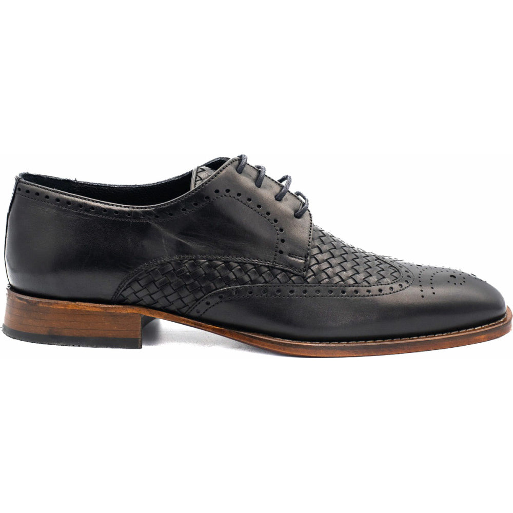 Vinci Leather The Rover Black Leather Wingtip Semi Brogue Shoe (16016)