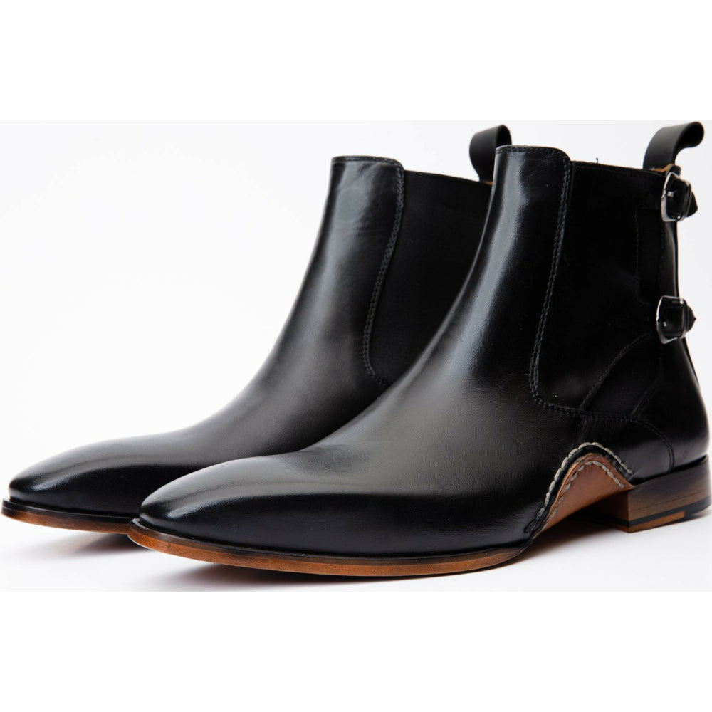 Vinci Leather The Royal Hand Craft Black Leather Double-buckle Chelsea Boot (V-03 6826)