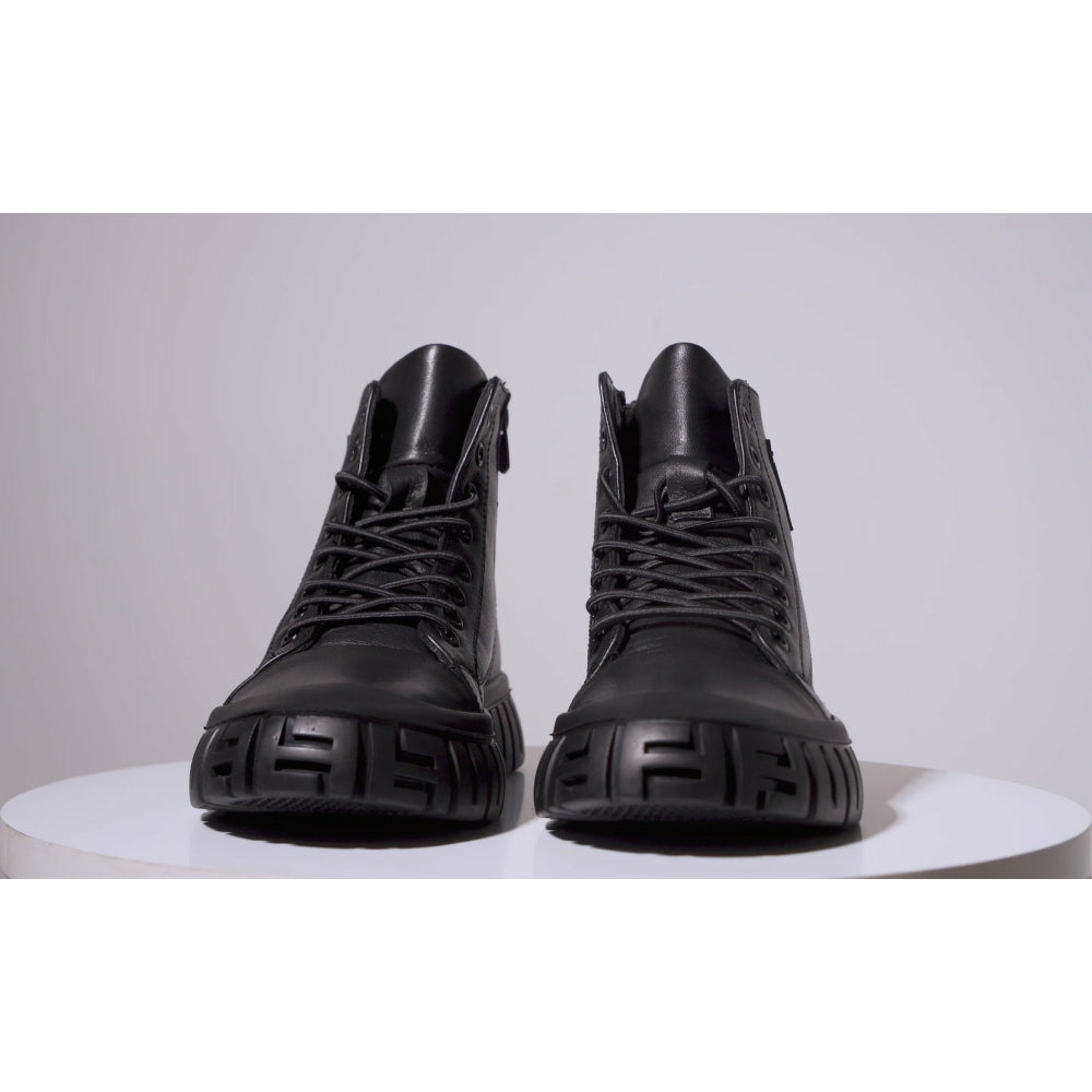 Vinci Leather The Taco Black Leather Casual Lace-up Boot With A Zipper (14115 S-4)