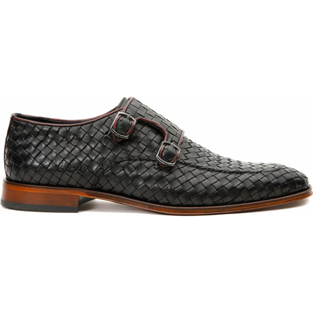 Vinci Leather The Turan Black Woven Double Monk Strap Dress Shoe (15471)