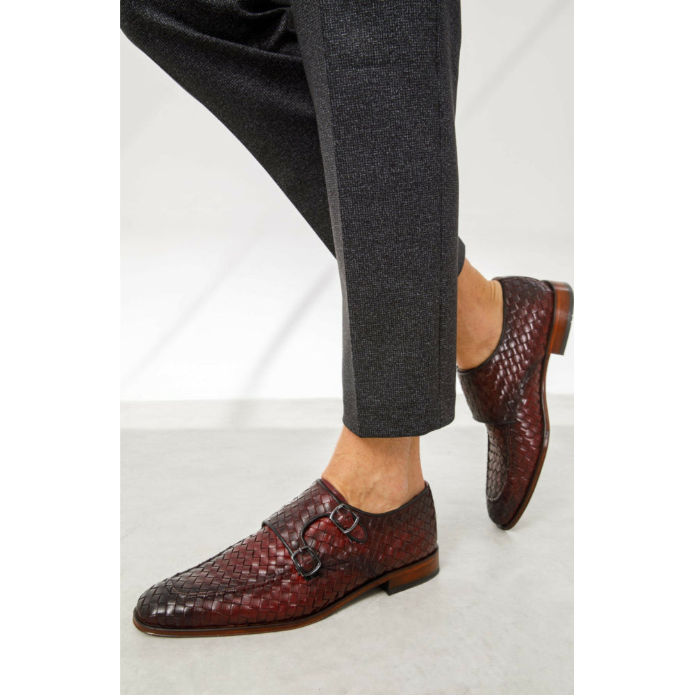 Vinci Leather The Turan Woven Double Monk Strap Dress Shoe Burgundy
