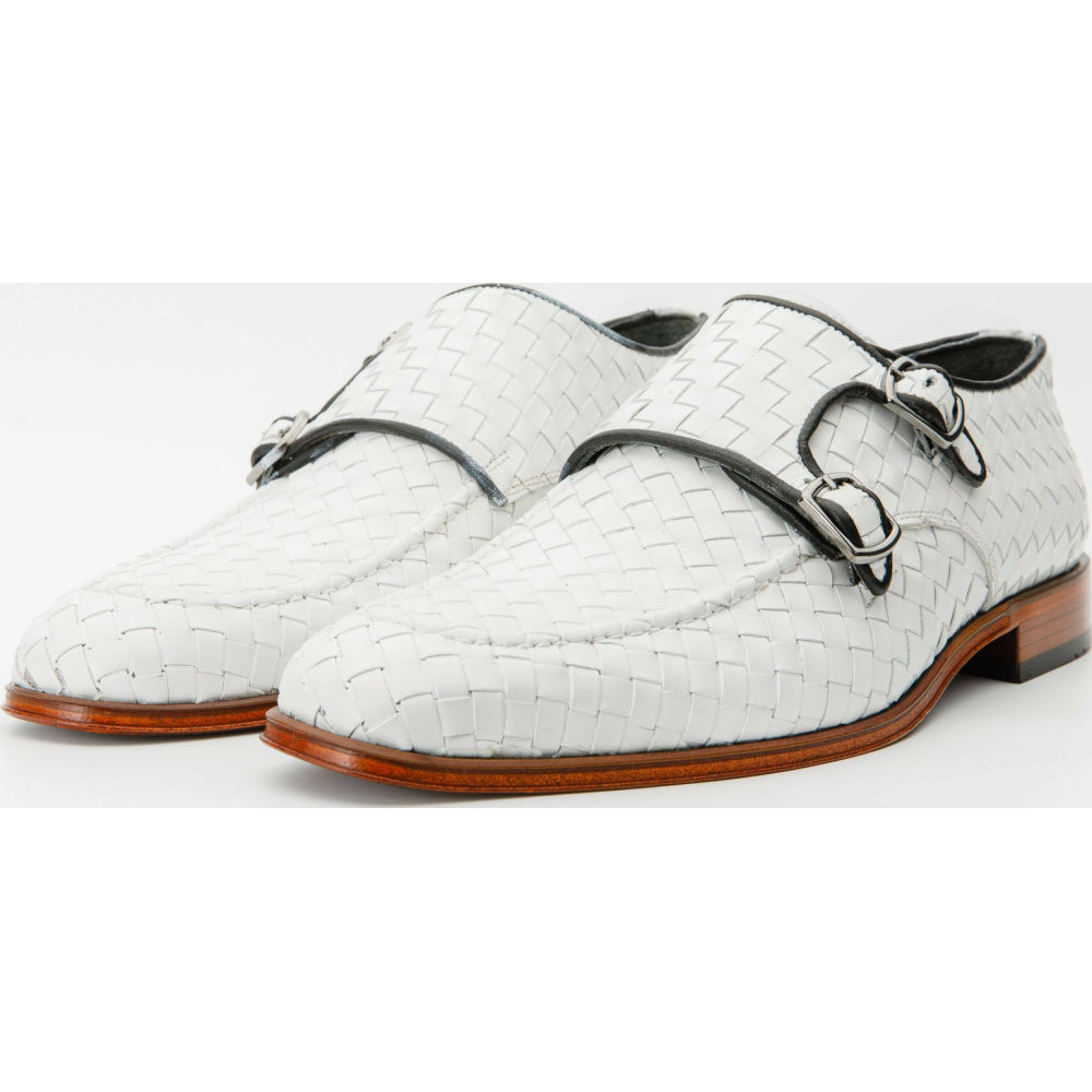Vinci Leather The Turan White Woven Double Monk Strap Dress Shoe