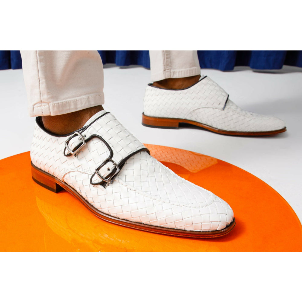 Vinci Leather The Turan White Woven Double Monk Strap Dress Shoe