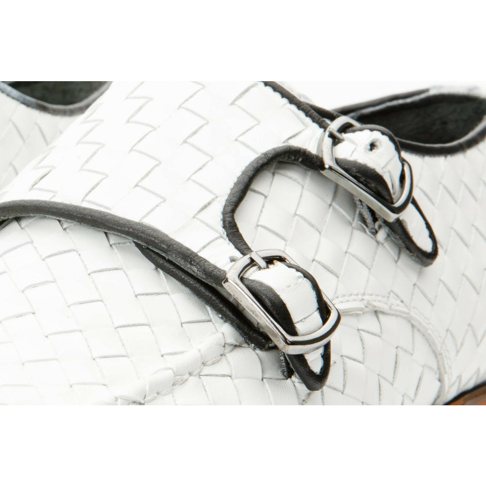 Vinci Leather The Turan White Woven Double Monk Strap Dress Shoe