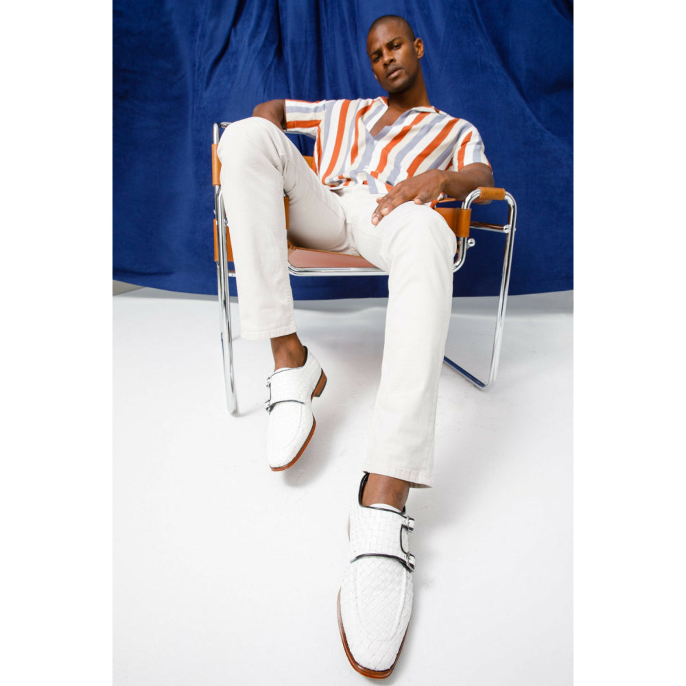 Vinci Leather The Turan White Woven Double Monk Strap Dress Shoe