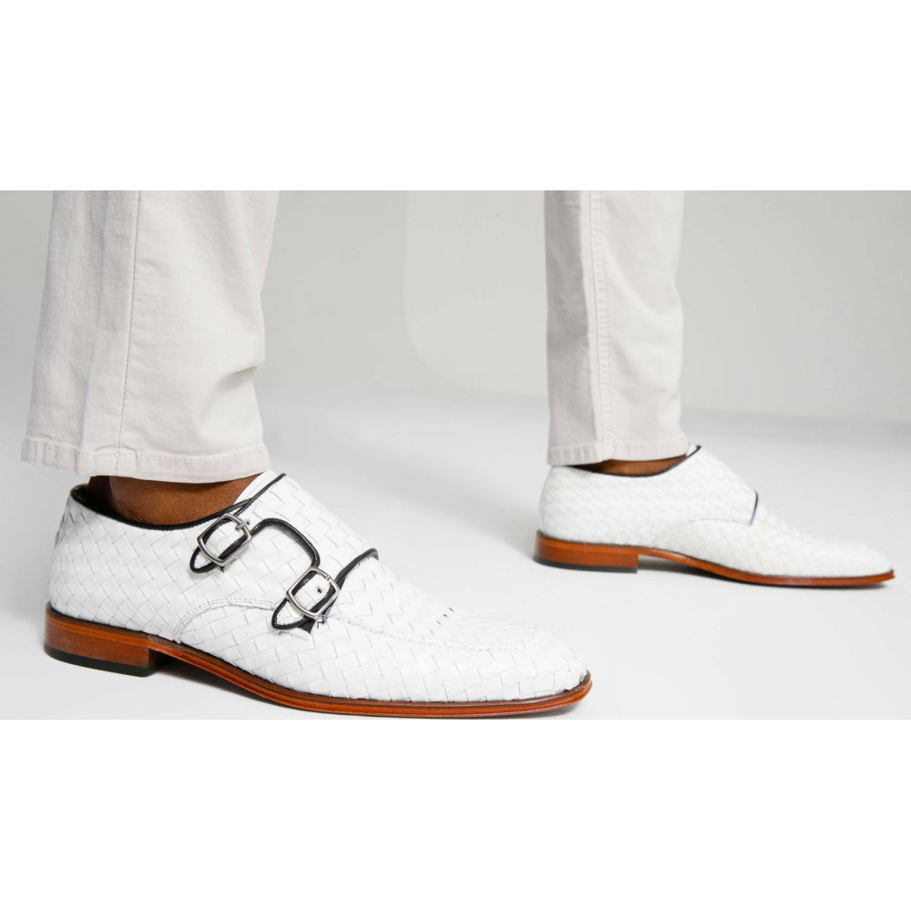 Vinci Leather The Turan White Woven Double Monk Strap Dress Shoe