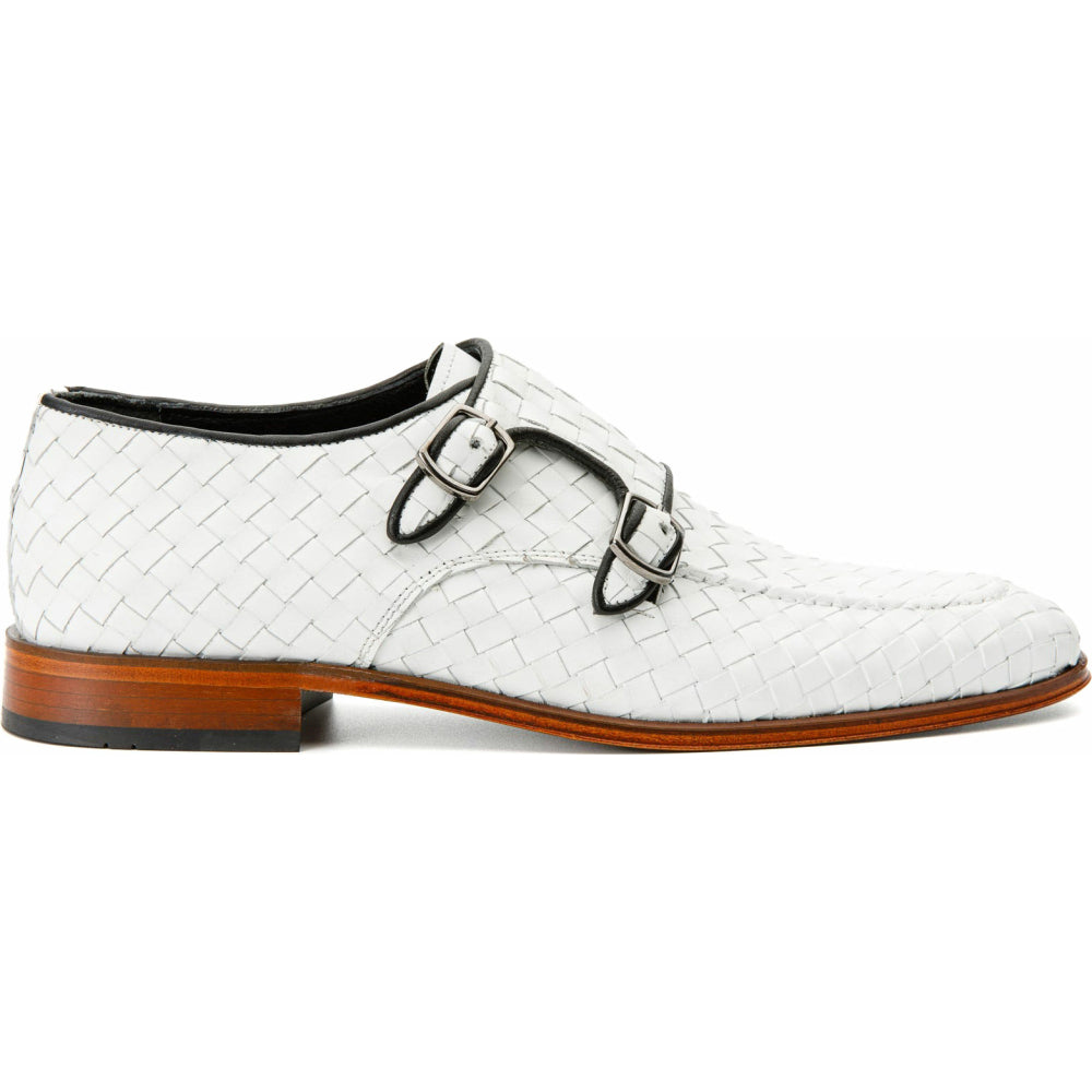 Vinci Leather The Turan White Woven Double Monk Strap Dress Shoe