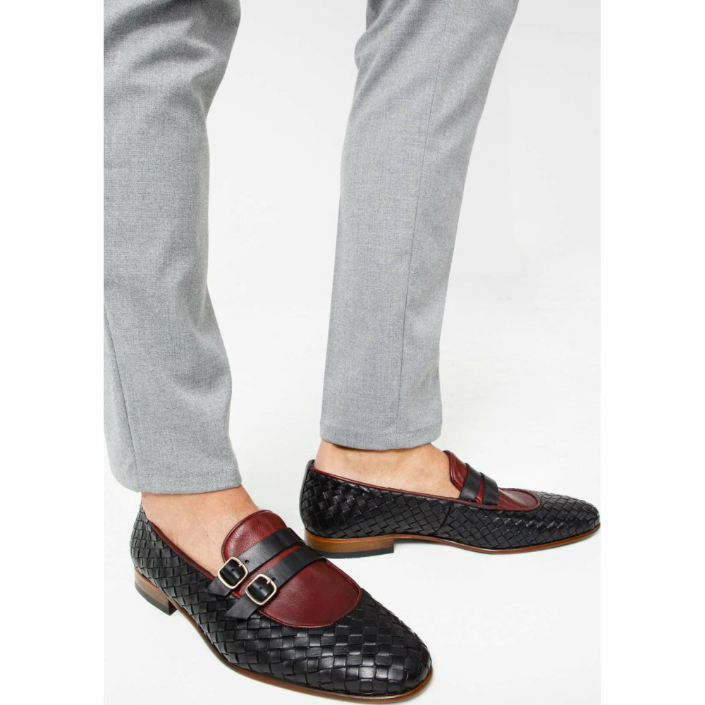 Vinci Leather The Vatra Black Woven Double Monk Strap Shoe