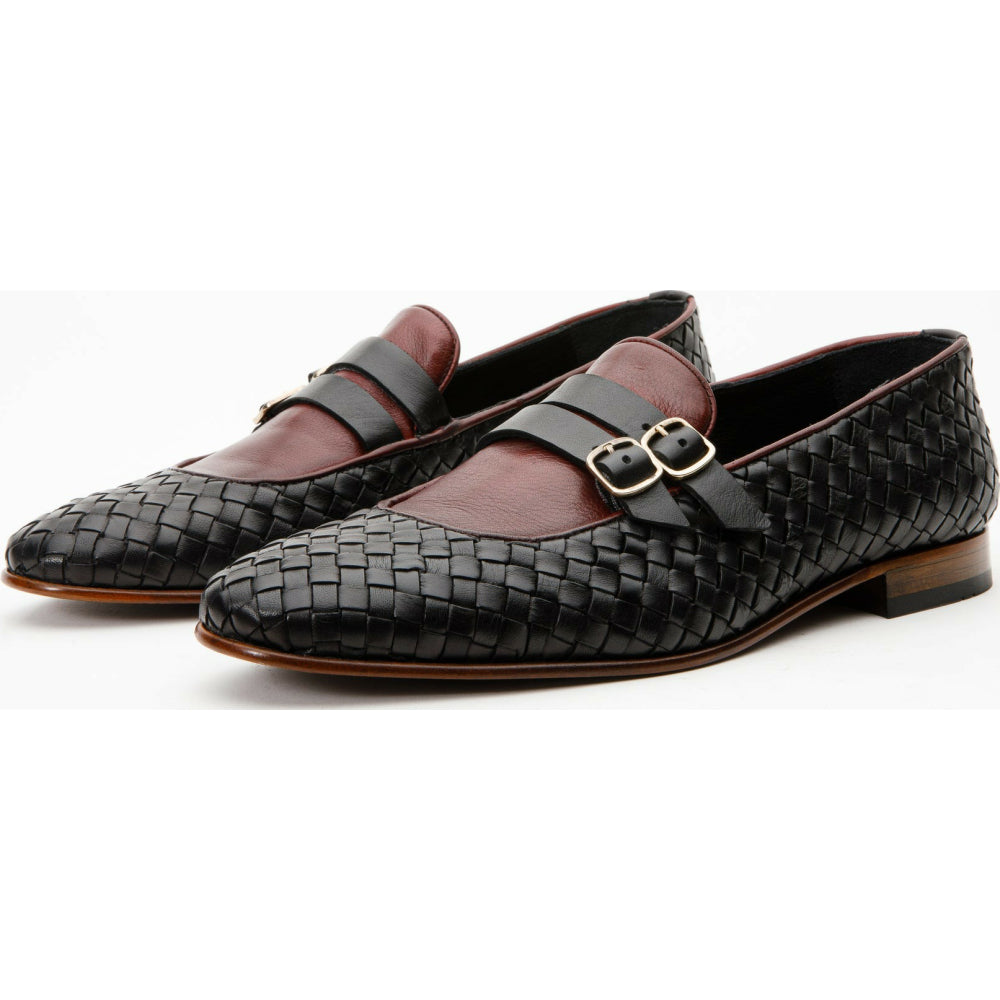 Vinci Leather The Vatra Black Woven Double Monk Strap Shoe