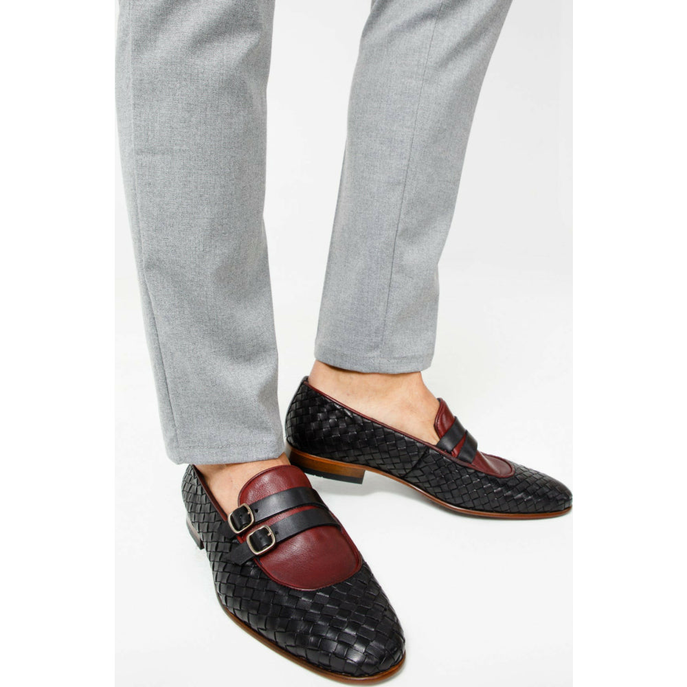 Vinci Leather The Vatra Black Woven Double Monk Strap Shoe