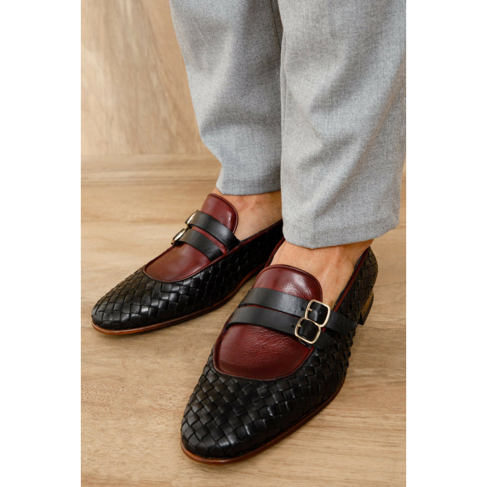 Vinci Leather The Vatra Black Woven Double Monk Strap Shoe