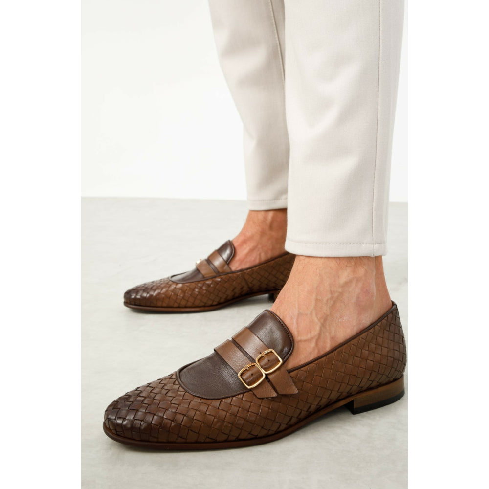 Vinci Leather The Vatra Brown Woven Double Monk Strap Shoe (2135)