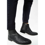Vinci Leather The Wellington Black Handwoven Leather Boot With A Zipper (12721 S-5)