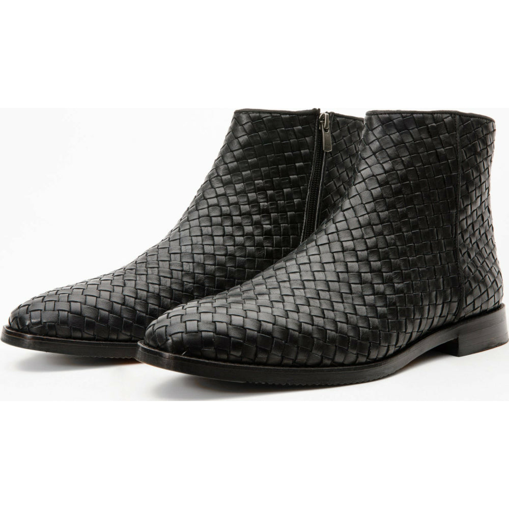 Vinci Leather The Wellington Black Handwoven Leather Boot With A Zipper (12721 S-5)