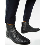 Vinci Leather The Wellington Black Handwoven Leather Boot With A Zipper (12721 S-5)