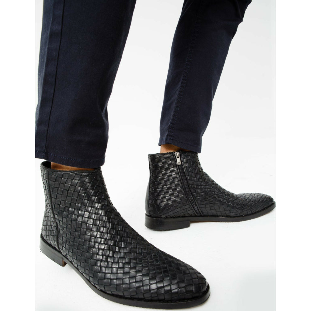 Vinci Leather The Wellington Black Handwoven Leather Boot With A Zipper (12721 S-5)