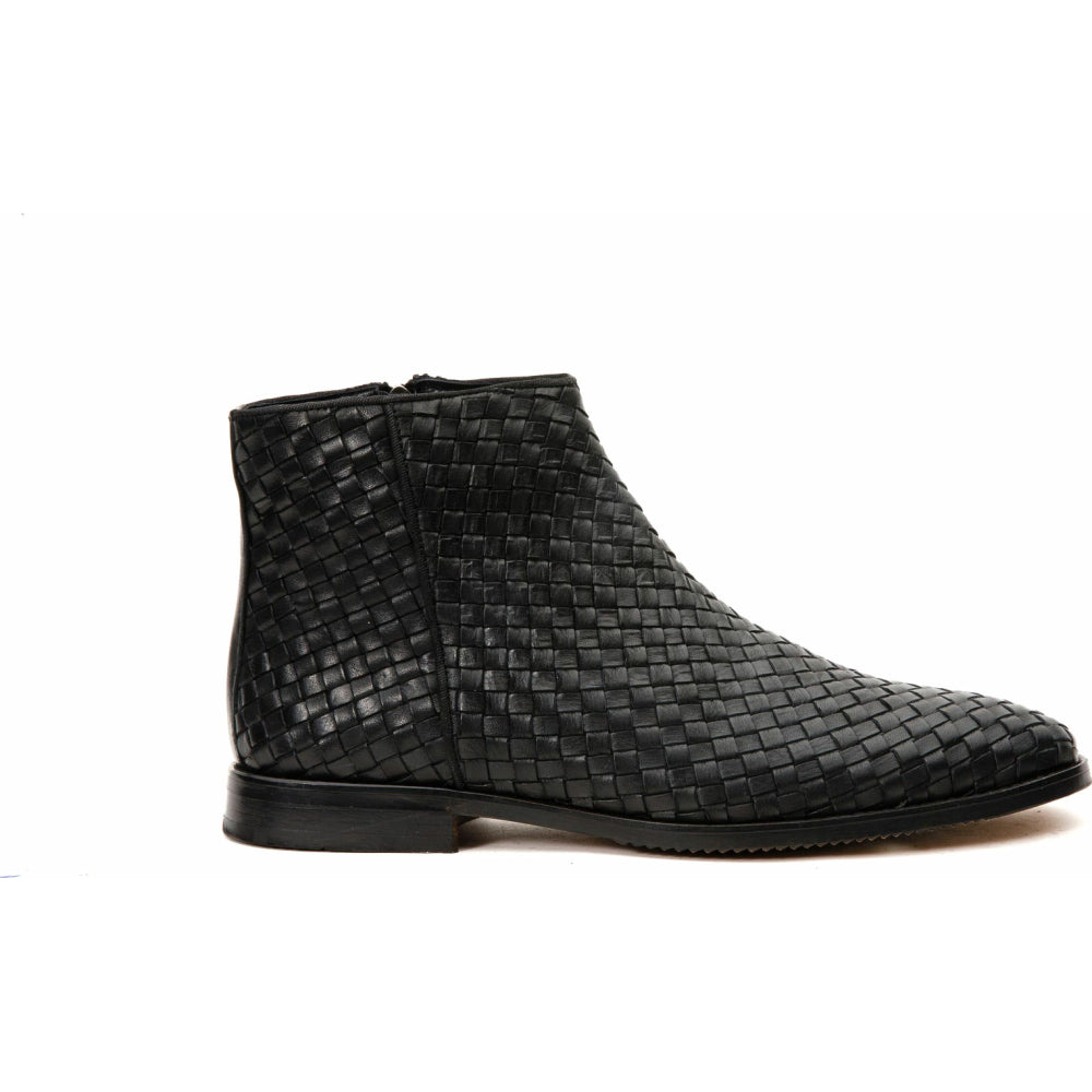 Vinci Leather The Wellington Black Handwoven Leather Boot With A Zipper (12721 S-5)