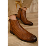 Vinci Leather The Wellington Brown Handwoven Leather Boot With A Zipper (12721 T-5)