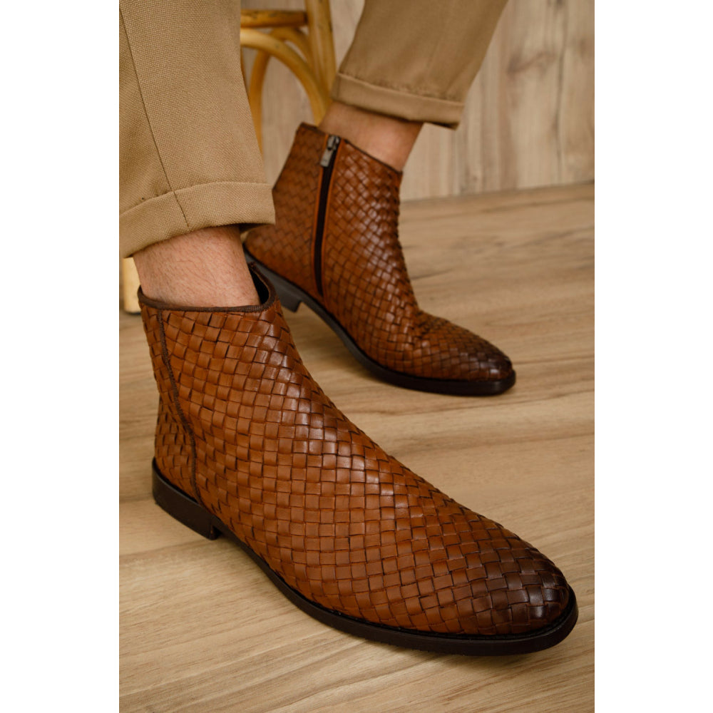 Vinci Leather The Wellington Brown Handwoven Leather Boot With A Zipper (12721 T-5)