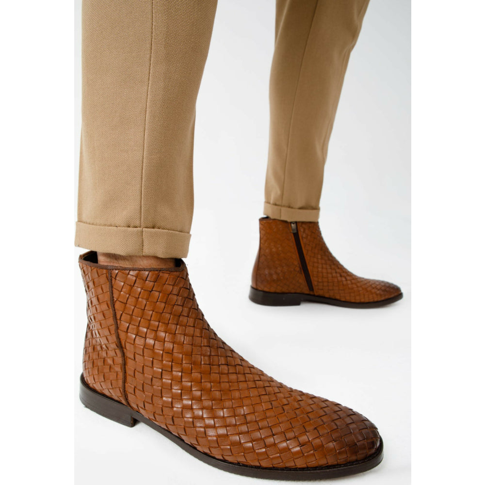 Vinci Leather The Wellington Brown Handwoven Leather Boot With A Zipper (12721 T-5)