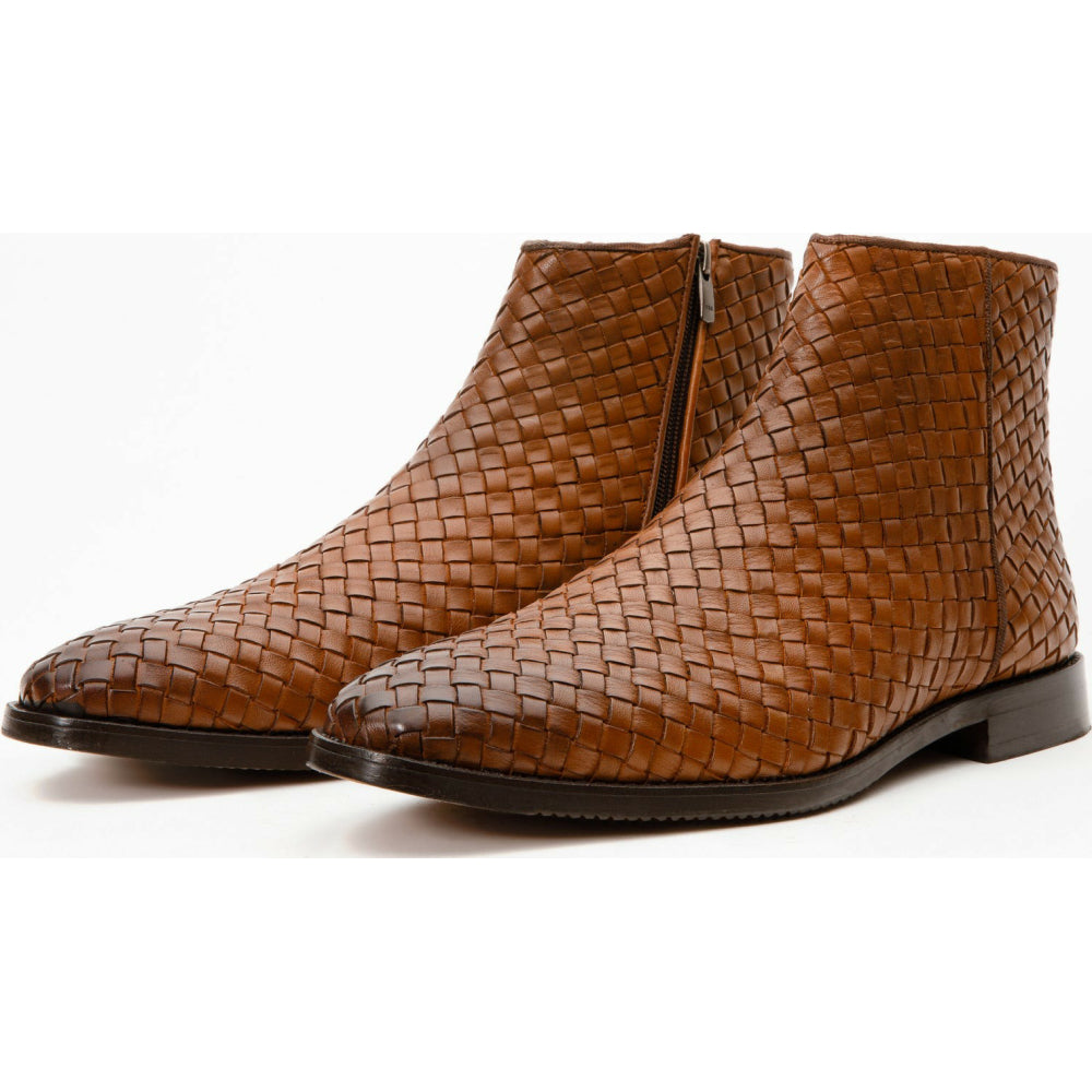 Vinci Leather The Wellington Brown Handwoven Leather Boot With A Zipper (12721 T-5)