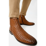 Vinci Leather The Wellington Brown Handwoven Leather Boot With A Zipper (12721 T-5)