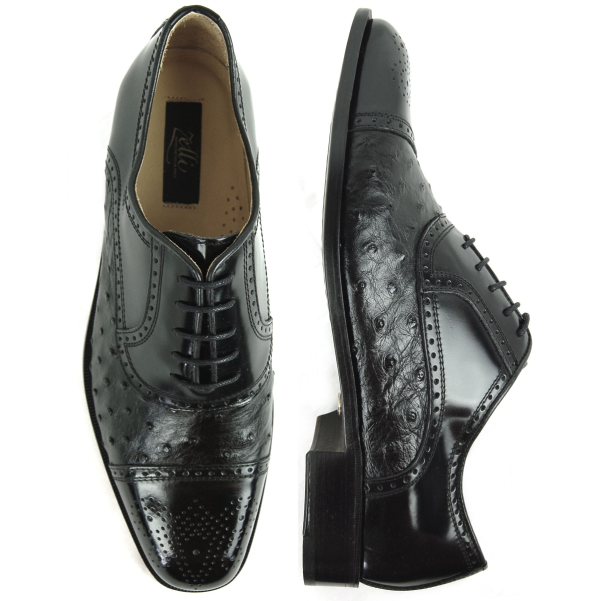 Zelli 692 Ostrich  & Calfskin Cap Toe Shoes Black
