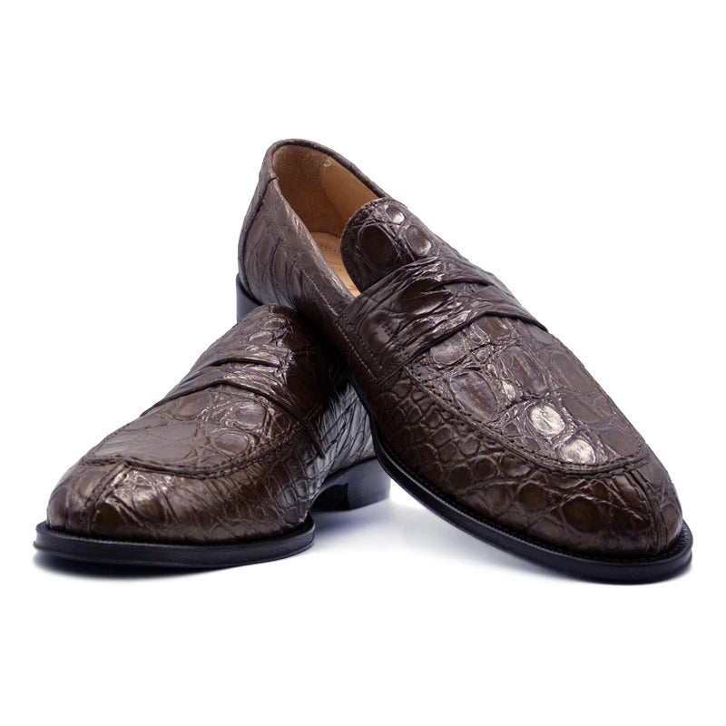 Zelli Caiman Crocodile Penny Loafers Brown