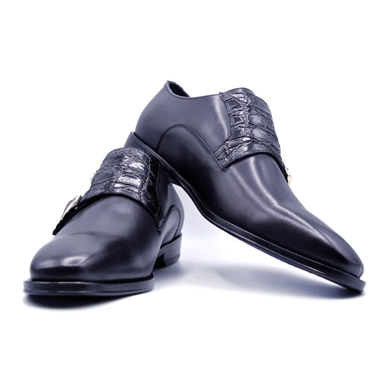 Zelli Calf & Crocodile Monk Strap Shoes Black