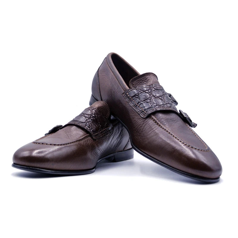 Zelli Calf & Crocodile Monk Strap Shoes Nicotine