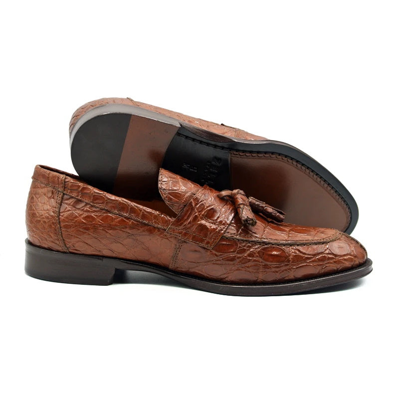 Zelli Como Caiman Crocodile Tassel Loafers Cognac