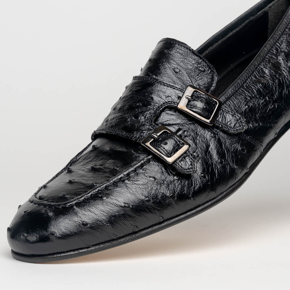 Zelli Gatto Ostrich Double Monk Strap Shoes Black