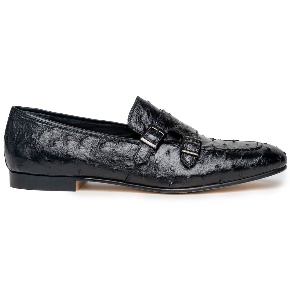 Zelli Gatto Ostrich Double Monk Strap Shoes Black