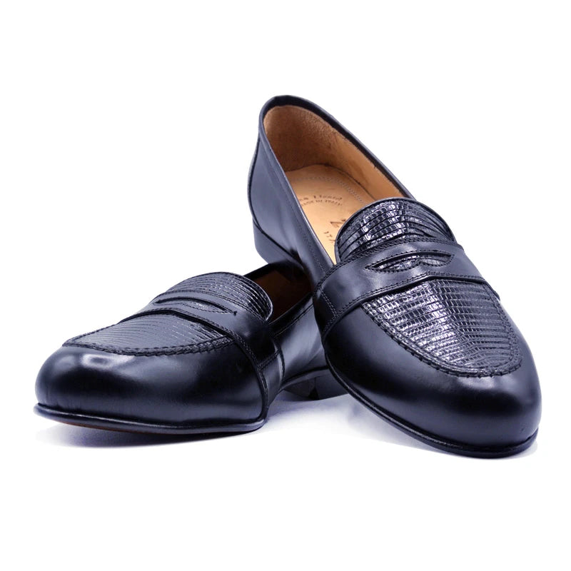 Zelli Lizard & Calfskin Penny Loafers Black