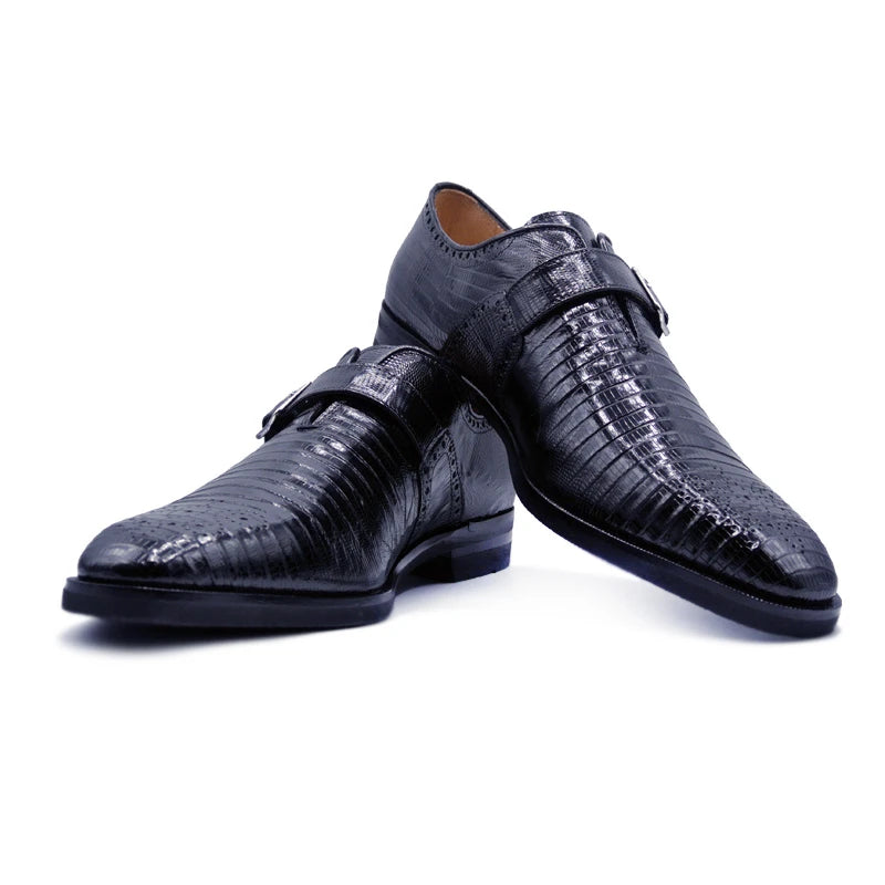 Zelli Lizard Monk Strap Brogues Black
